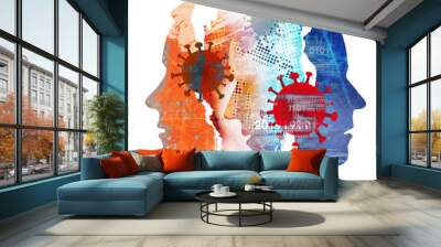    Pandemic of  coronavirus, depression, male heads. Male heads, grunge expressive composition of stylized silhouettes shown in profile. Concept symbolizing human tragedy of pandemic of COVID 19. Wall mural