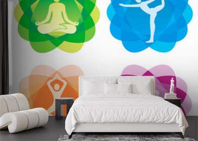  Yoga positionson icons on decorative backgrounds. Set of yoga icons on colorful decorative abstrtract background.Isolated on white background. Vector available. Wall mural