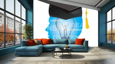 Graduate, knowledge and creativity, education concept.
Illustration of  Male head in profile with light bulb and signs. Vector available.
 Wall mural