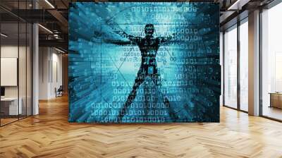 Modern Vitruvian man and computer data.
Futuristic grunge stylized Illustration of blue vitruvian man with destroyed binary codes. Wall mural