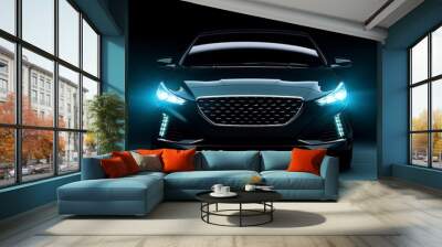 Banner black car with lighted lights on black background. Generative ai Wall mural