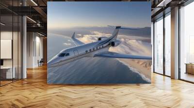 Sleek private jet flying over coastline with mountains in background Wall mural