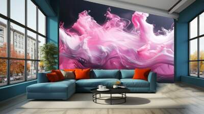 3D render Pastel pink and white liquid flowing in the air on a black background. Wall mural