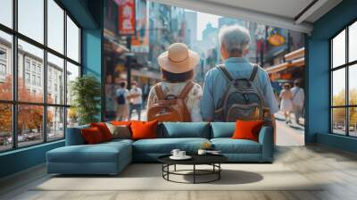 a senior couple enjoying their city tour, exploring the urban landscape. Wall mural