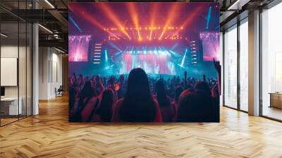 A vibrant scene at a K-pop concert with a back of Korean fans cheering enthusiastically Wall mural