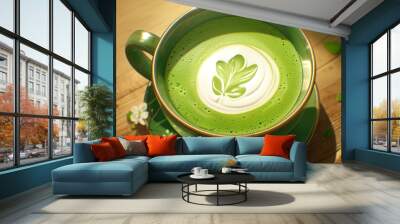 Anime style of A cup with organic green Japanese matcha tea and milk foam on a wooden table  Wall mural