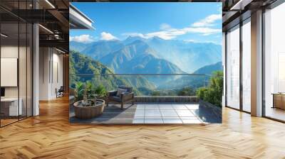 balcony view overlooking majestic mountains on a sunny day. The terrace is adorned with comfortable seating Wall mural