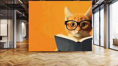 cartoon orange cat wearing black glasses and reading a book.  Wall mural