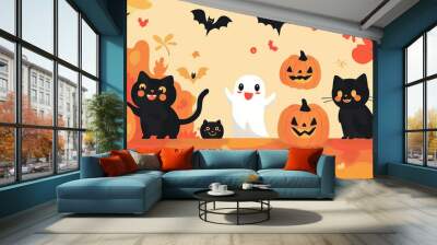 illustration of cute Halloween characters with an autumn-colored background. such as pumpkins, ghosts, and black cats, set against a backdrop of warm  Wall mural