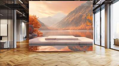 product display scene set in the fall season, featuring an orange mountain backdrop.  Wall mural