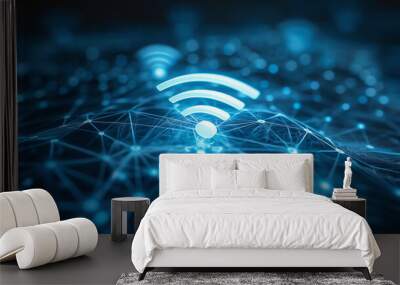 Wireless network and connection abstract data background with wifi symbol Wall mural