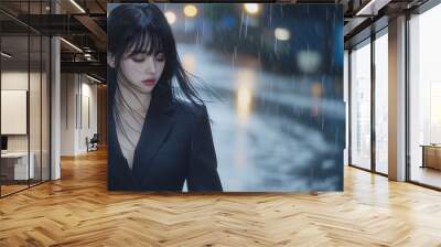 young Asian business lady in a perfectly tailored, sharp black suit, walking alone on a rain-soaked city street.  Wall mural