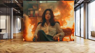 young asian office lady sits amidst the chaos of a flaming office, but her expression is surprisingly serene Wall mural