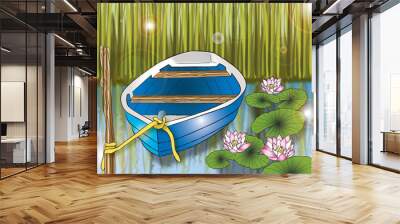 Romantic illustration of old blue boat and water lily flowers on pond in reeds Wall mural