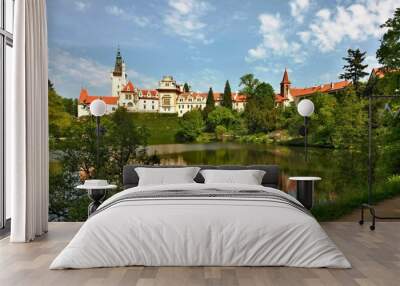 Castle park in Průhonice in the Czech Republic, view across the lake to the castle Wall mural