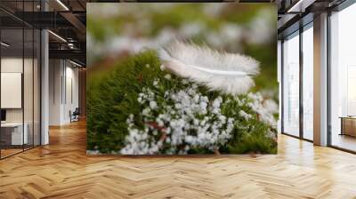 white feather on green moss with snowflakes Wall mural