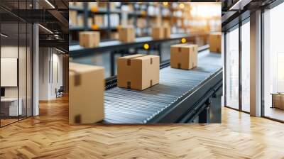 A modern warehouse scene with brown boxes on a conveyor belt, illustrating efficient logistics and distribution processes. Wall mural