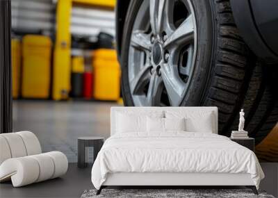 Close-up view of a modern car tire on a workshop floor, showcasing the tread detail and vehicle maintenance environment. Wall mural