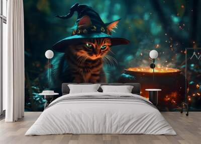 A mischievous cat wearing a witch s hat sits by a glowing cauldron casting a spell in a dark enchanted forest during the autumn season  The scene exudes an air of mystery and supernatural wonder Wall mural