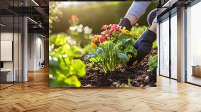 A person engaging in the relaxing hobby of gardening outside of work illustrating a healthy detachment from the daily routine and a connection with nature Wall mural