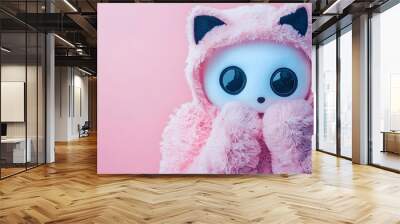 Adorable Kawaii Halloween Cat Costume with Big Bright Eyes and Soft Spooky Sweet Design in Photography Studio Environment with Pink Background Wall mural