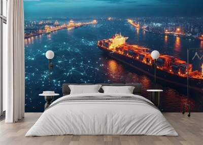 Aerial view of a bustling maritime trade hub with a container ship and cargo vessels illuminated at night showcasing the global shipping and logistics network that connects worldwide markets Wall mural