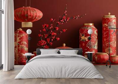 Auspicious Chinese New Year Red with Traditional Floral Patterns Iconic Symbols and Luxurious Golden Accents  Celebrating the Lunar Festival with Prosperity and Culture Wall mural