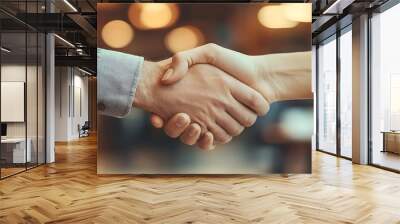 Close up view of two hands shaking across a table during a business consulting meeting symbolizing an agreement partnership or contract being made Wall mural