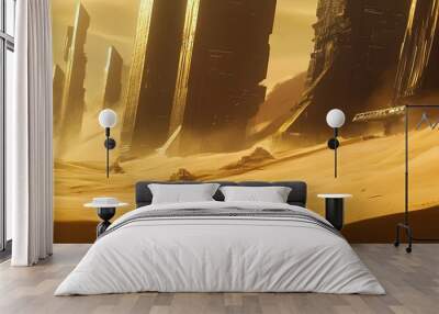 Concept art depicting a futuristic desert vista dominated by towering solar harvesting structures rising from seas of golden sand dunes with a hint of advanced technology in the distance Wall mural