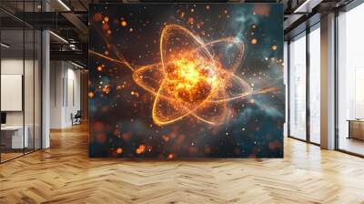 Dramatic and vivid depiction of the nuclear fission process illustrating the atomic splitting action with particles scattering and intense energy release in a luminous glowing and radiant display Wall mural