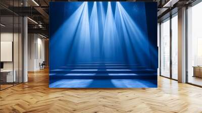 Dramatic cascade of vertical and diagonal white and blue illuminating light beams on theatrical stage with sharp contrasts and copy space for text  photography concept for interior design exhibition Wall mural