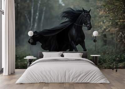 Dramatic image of a powerful black horse galloping at high speed through an autumnal forest wearing a flowing black witch s costume cape  The scene has a moody mystical and supernatural atmosphere Wall mural