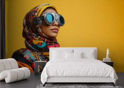 Full body portrait shot of a young curious looking Middle Eastern person dressed in a futuristic tech inspired costume against a chartreuse studio background leaving space for text above the subject Wall mural