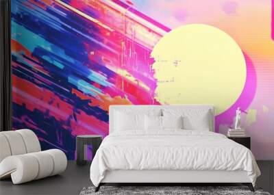 Glitch Art with Retro Vaporwave Digital Aesthetic in Bright Vivid Colors and High Contrast Abstract Composition  Futuristic Surreal Experimental Visual Design with Geometric Patterns Wall mural