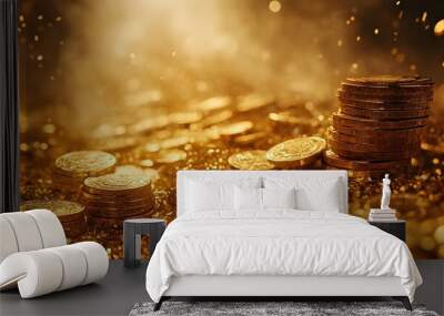 Glittering gold coins stacked in a pile symbolizing prosperity wealth and lucrative investment opportunities  The image conveys a sense of financial growth savings Wall mural