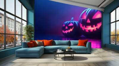 Glowing neon jack o lanterns in vibrant colors cast an eerie supernatural glow under blacklight in this surreal atmospheric Halloween themed photography concept with copy space Wall mural