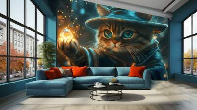 Mystical feline sorcerer wearing a majestic wizard s robe holding a shimmering glowing crystal in its paw surrounded by a magical ethereal aura of sparkling lights and mystical energy Wall mural