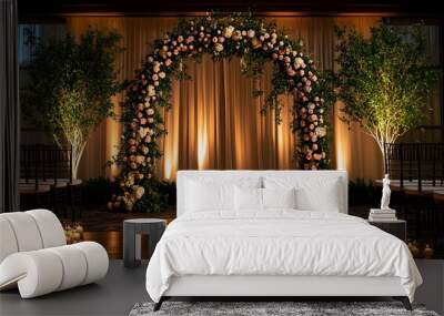 Stunning floral arch backdrop with lush greenery cascading blooms and warm romantic lighting creating an enchanting and elegant setting for a special ceremony or wedding Wall mural