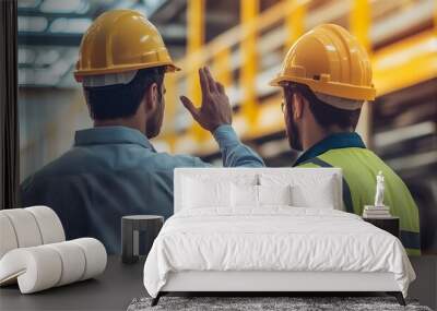 Two construction engineers wearing safety helmets carefully inspecting the structural integrity and of a building framework Wall mural