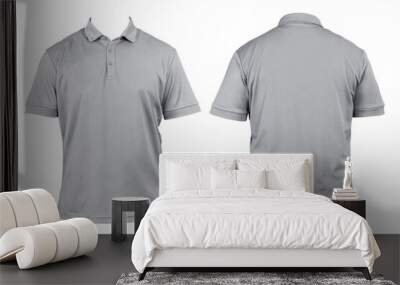 Blank clothing for design. Gray polo shirt, clothing on isolated white background, front and back view, isolated white, plain t-shirt. Mockup. Printable polo shirt design presentation. Wall mural