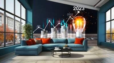 Light bulbs on and arrows pointing up, the idea begins with a new invention. Wall mural