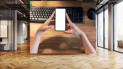 Woman holding smartphone with blank screen. Cropped shot of a businesswoman using a mobile phone and laptop Wall mural