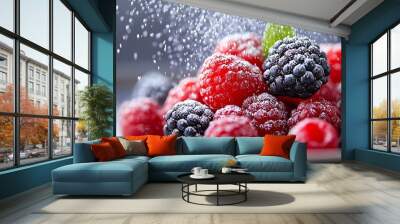 A closeup of a dessert plate with carefully placed berries and a dusting of powdered sugar, creating a dynamic visual contrast, Dessert styling, elegant plating Wall mural