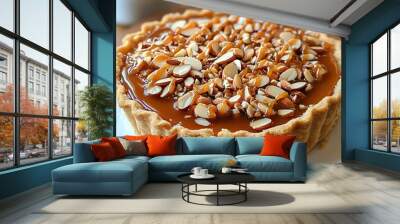 Almond tart with a creamy caramel center, encased in a pie crust and topped with sliced almonds and caramel drizzle, almond caramel tart pie, nutty dessert delight Wall mural