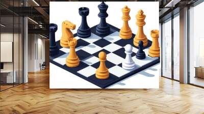 Chessboard with business icons, teamwork and strategy concept, isometric style, isolated on white background Wall mural