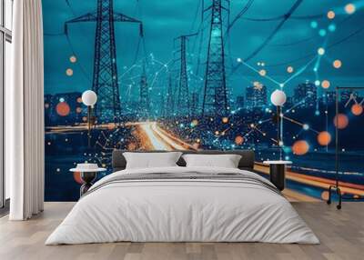 Clean energy transmission lines with highoutput capabilities and minimal environmental impact, Main keyword transmission, Concept green energy networks Wall mural