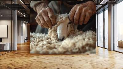 Closeup of a farmer s hands shearing a sheep, wool production, traditional livestock farming Wall mural