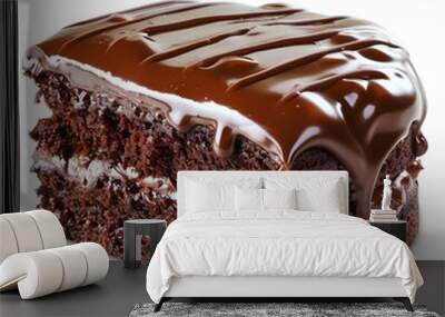 Fudgy chocolate cake with glossy icing, isolated on white, rich and appetizing Wall mural