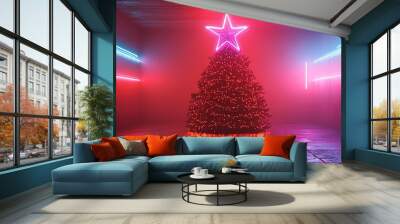 Futuristic Christmas tree topper, holographic star, glowing neon lights, sleek minimalistic decor Wall mural