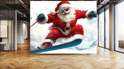 Santa Claus skiing, winter fun, actionpacked illustration, dynamic motion, isolated on white background Wall mural